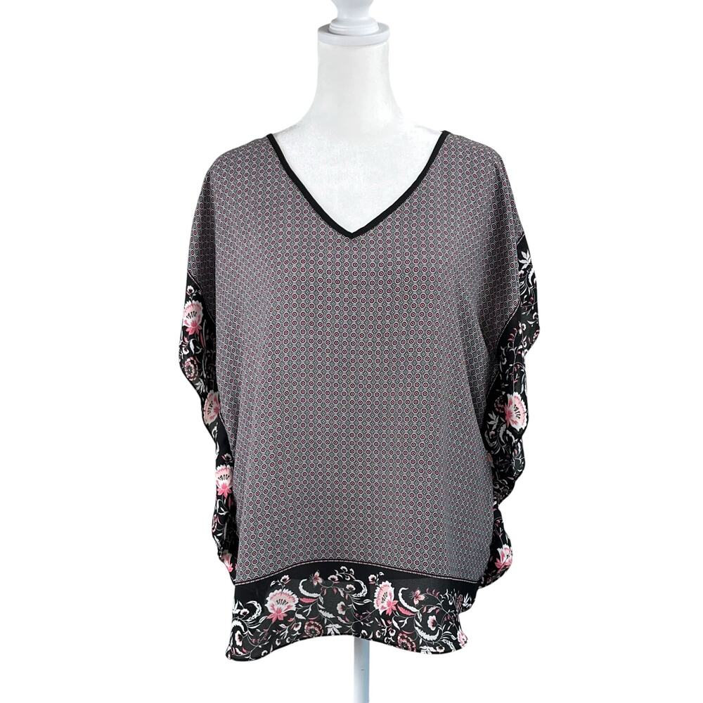 A. Byer Y2K Geometric Floral V-Neck Blouse Black Pink Semi Sheer Retro Top M